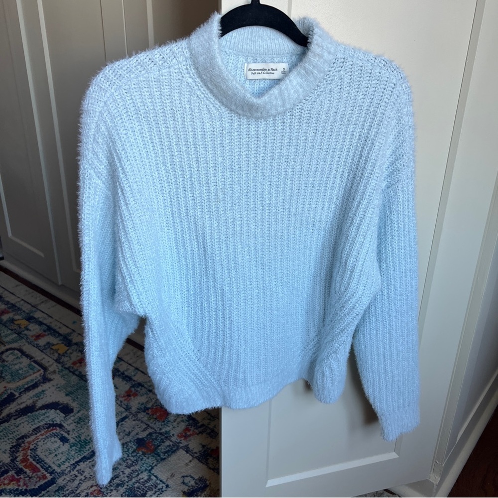 Abercrombie & Fitch Soft Collection Light Blue Fuzzy Mock Neck Ribbed Sweater